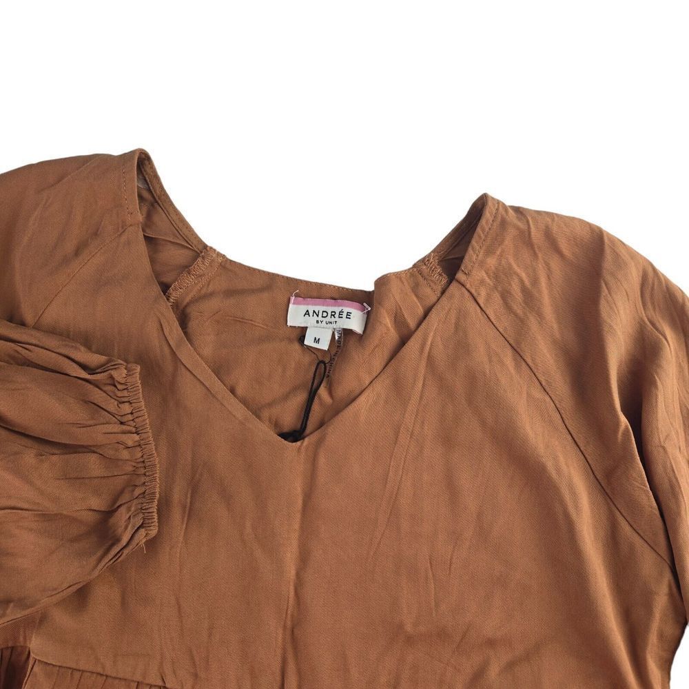 Andree by Unit Womens Medium Brown Tiered V-Neck Babydoll Long Sleeve Top